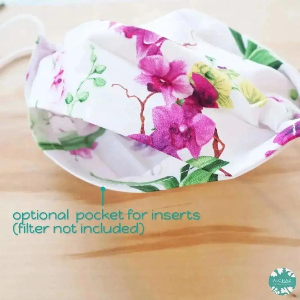 Pleated face mask + pocket + adjustable loop ~ white orchid bouquet