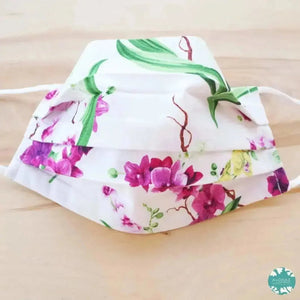 Pleated face mask + pocket + adjustable loop ~ white orchid bouquet