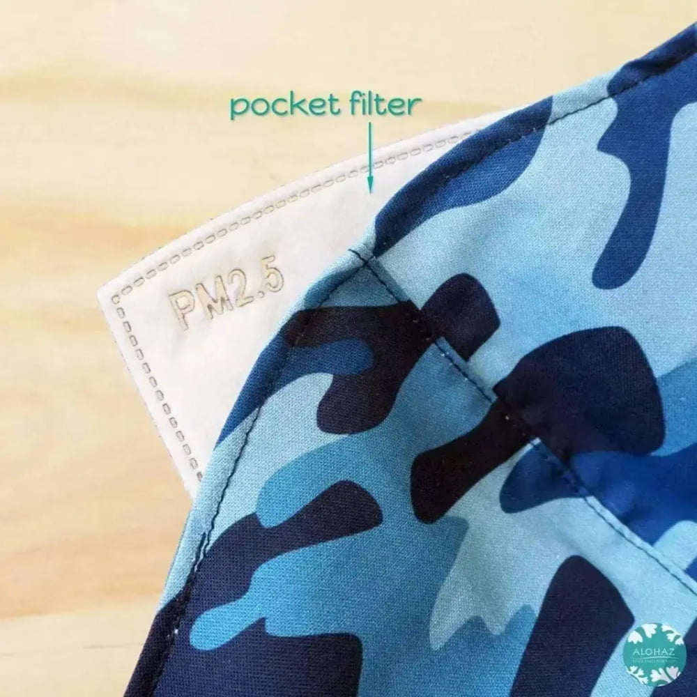 Pocket face mask + adjustable loops ~ blue camouflage