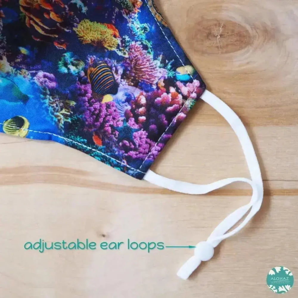 Pocket face mask + adjustable loops ~ blue rainbow reef