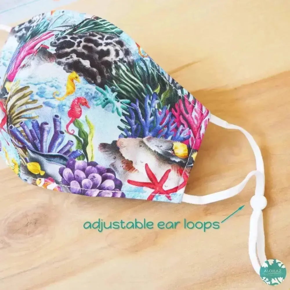Pocket face mask + adjustable loops ~ blue seahorse & coral reef