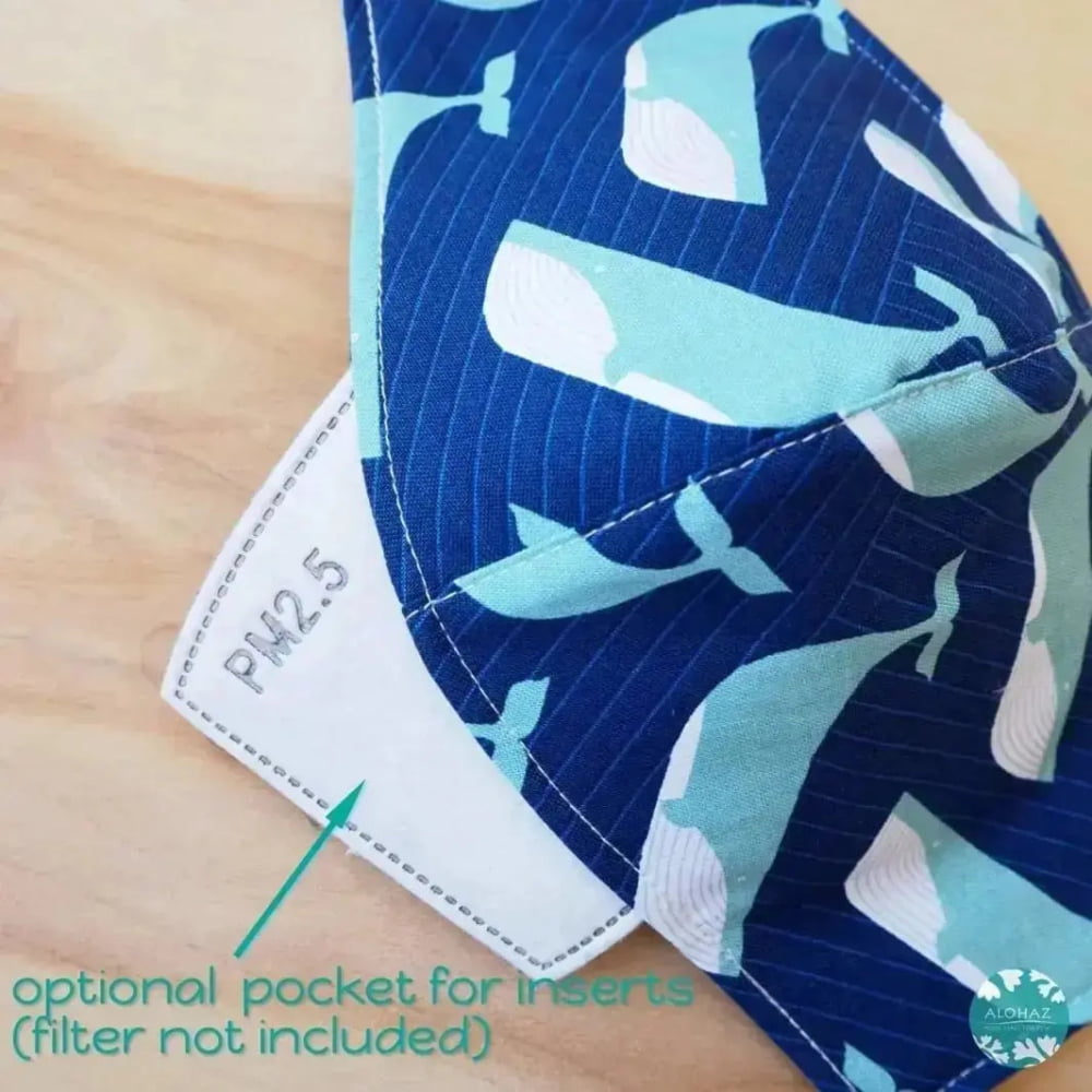 Pocket face mask + adjustable loops ~ navy blue gentle whales