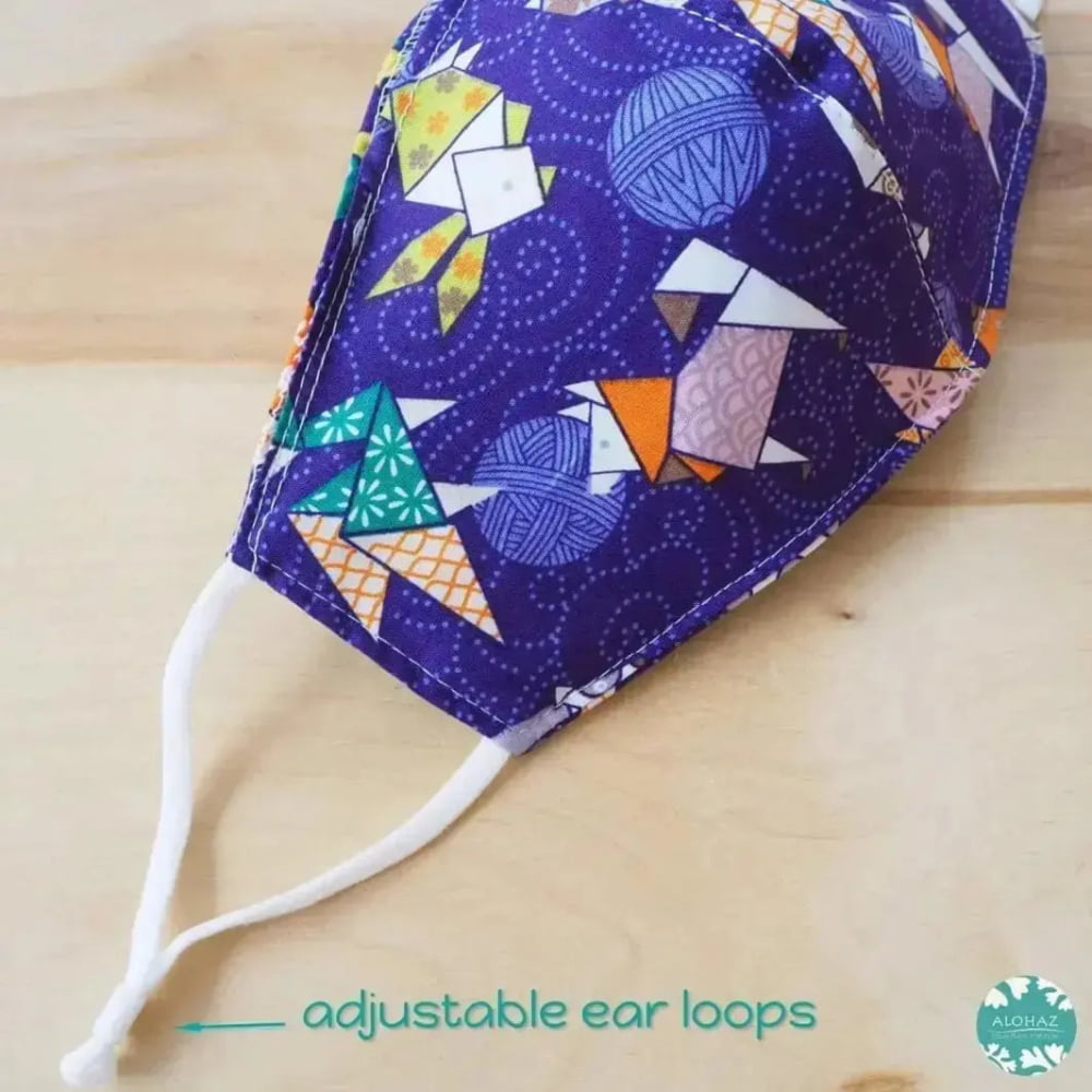 Pocket face mask + adjustable loops ~ purple zodiac origami animals