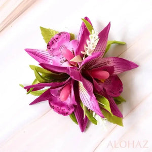 Purple orchid burst hawaiian flower hair clip