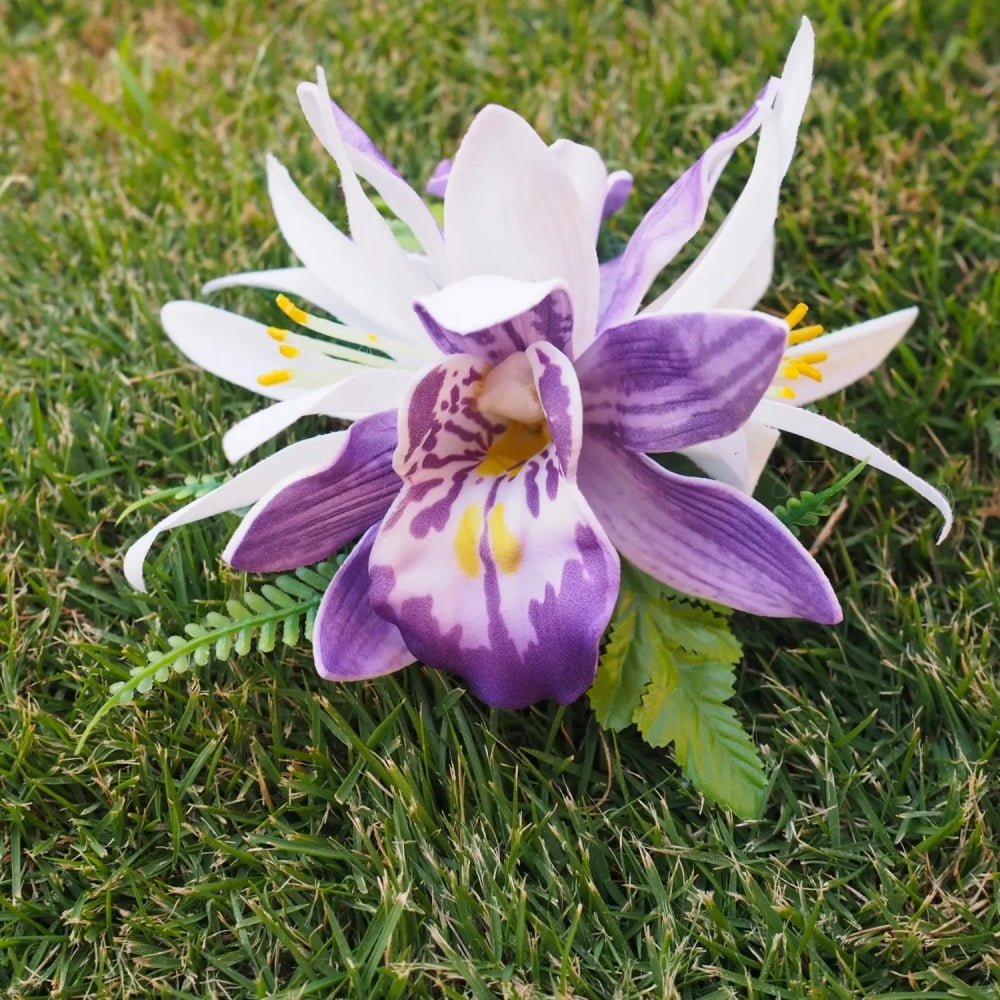 Purple orchid cheer double joy hawaiian flower hair clip