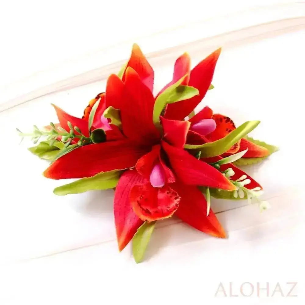 Red orchid burst hawaiian flower hair clip