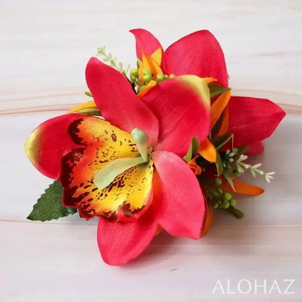 Red queen orchid hawaiian flower hair clip