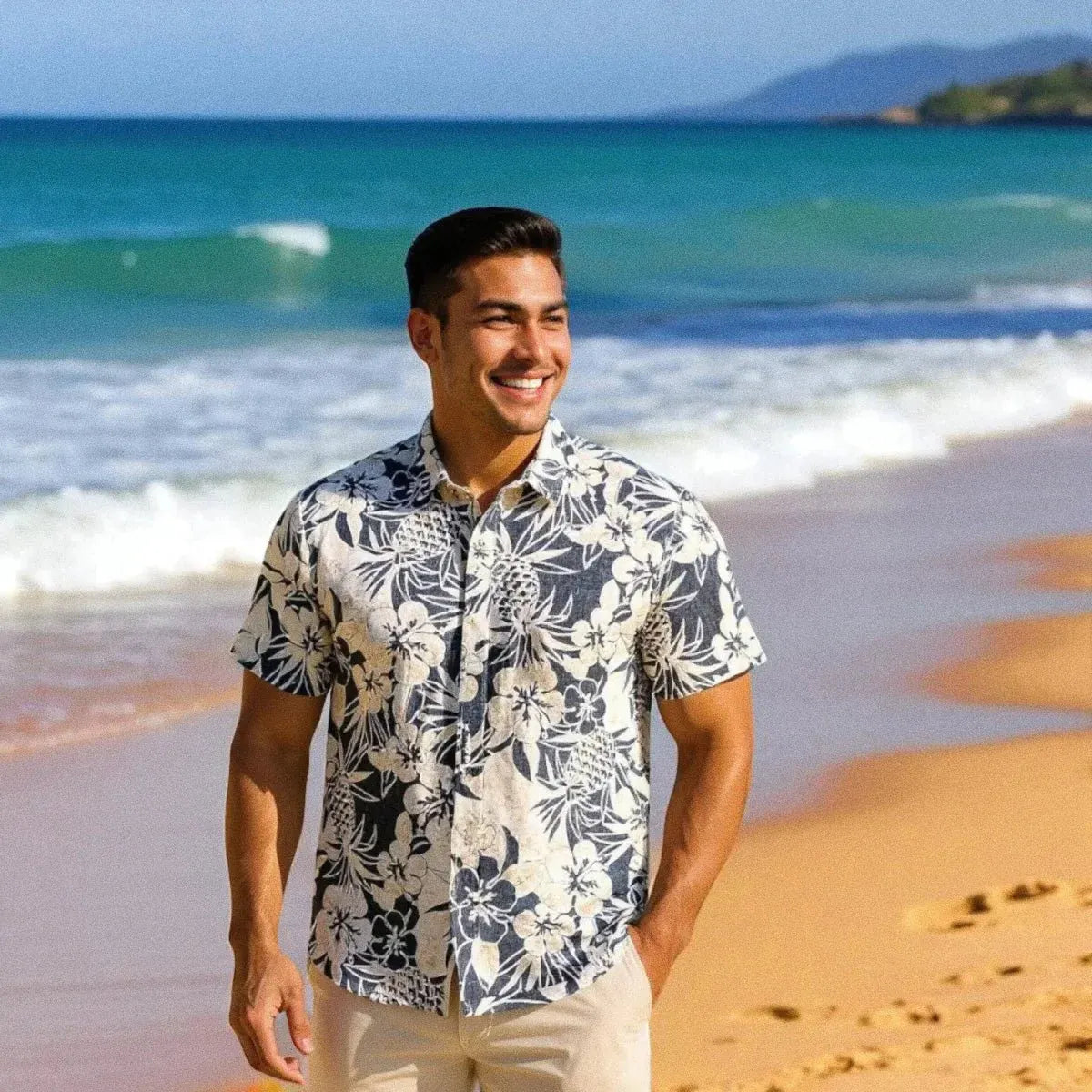 Sweet pineapple black reverse print hawaiian cotton shirt
