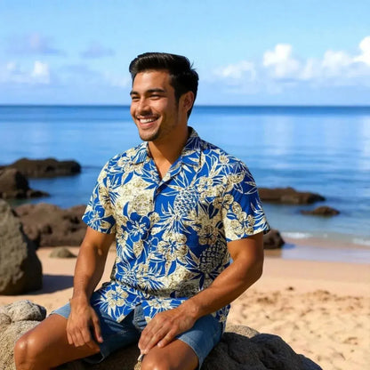 Sweet pineapple blue hawaiian cotton shirt - alohaz