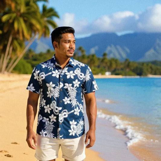 Ukulele fun navy hawaiian cotton shirt - alohaz
