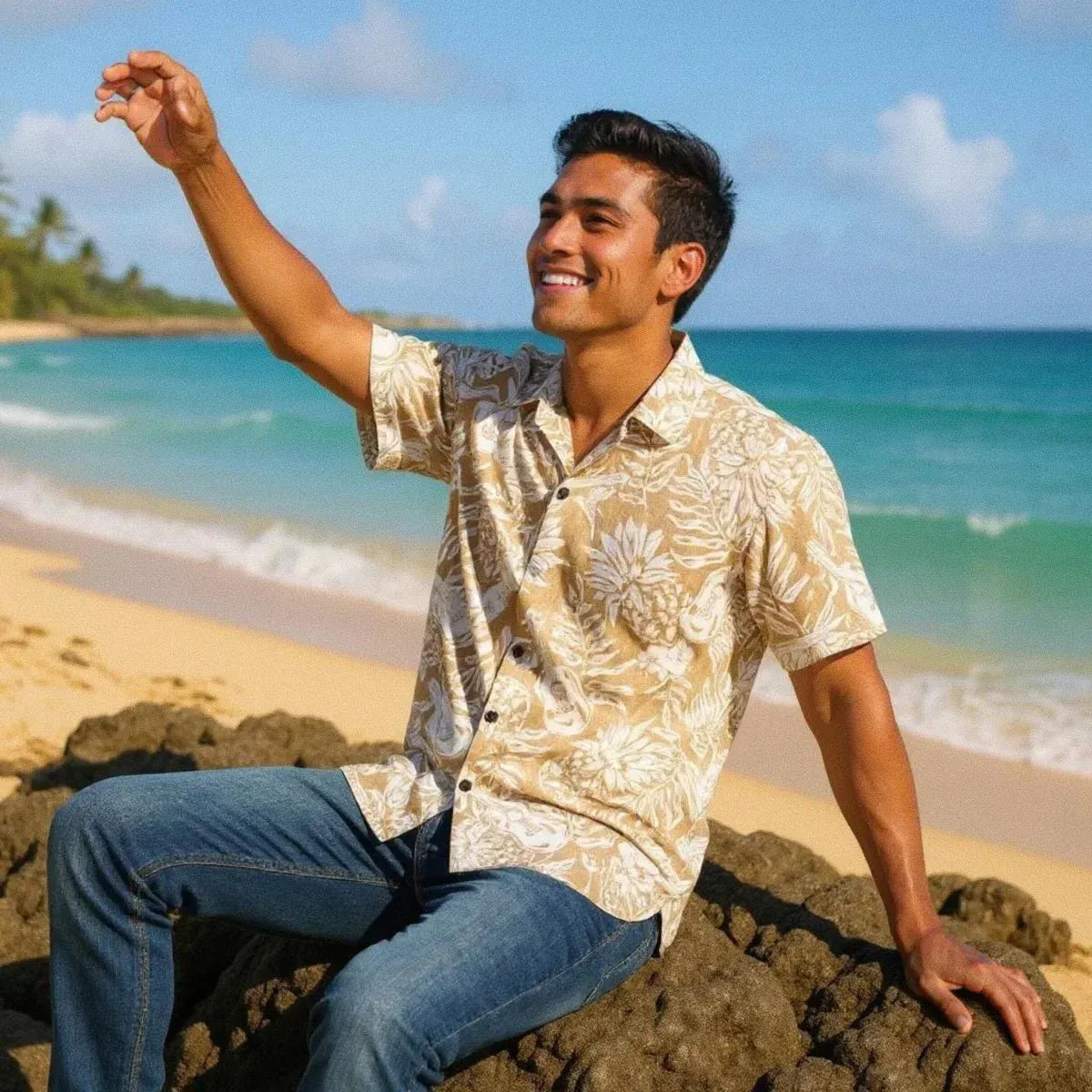 Ukulele serenade tan hawaiian rayon shirt - alohaz