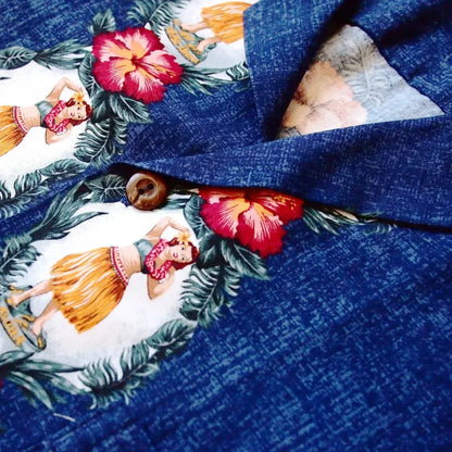 Vintage hula girl blue hawaiian rayon shirt - alohaz