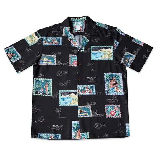 Vintage portraits black hawaiian rayon shirt - alohaz