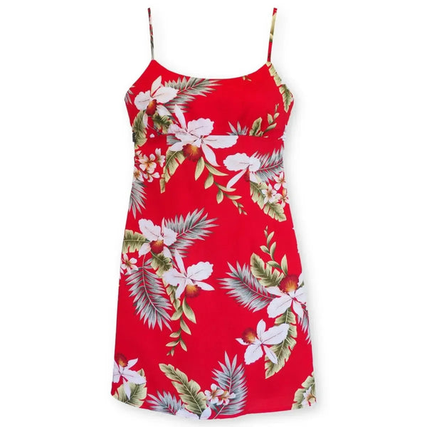 volcanic red short skinny straps hawaiian dress