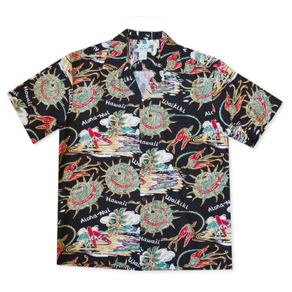 Waikiki wanderer black hawaiian rayon shirt - alohaz