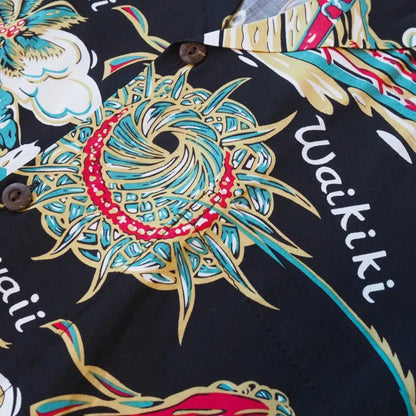 Waikiki wanderer black hawaiian rayon shirt - alohaz
