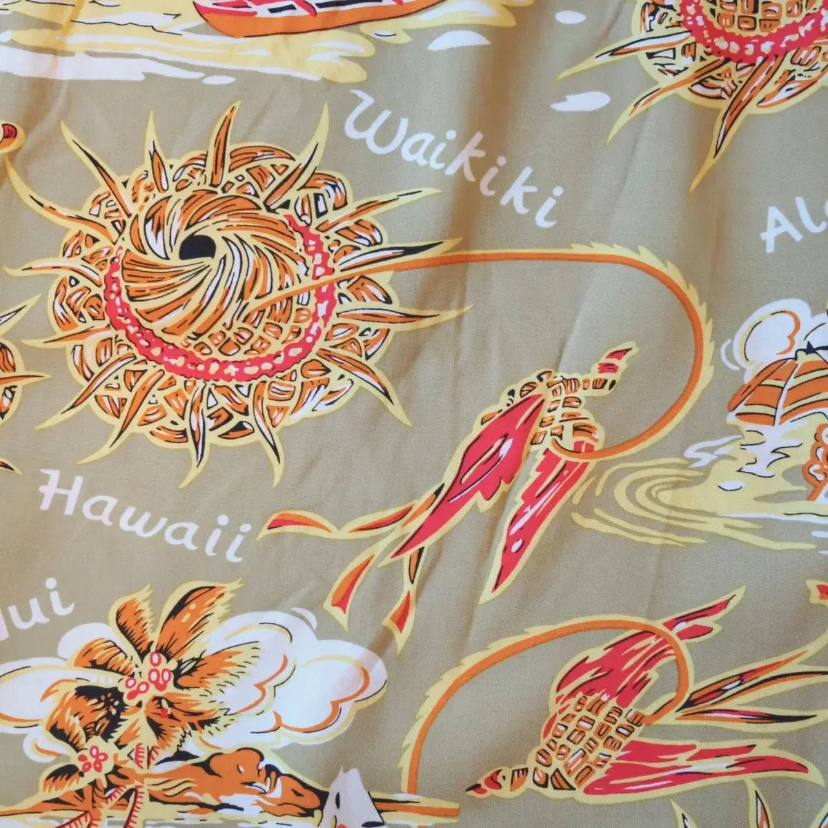 Waikiki wanderer tan hawaiian rayon shirt - alohaz