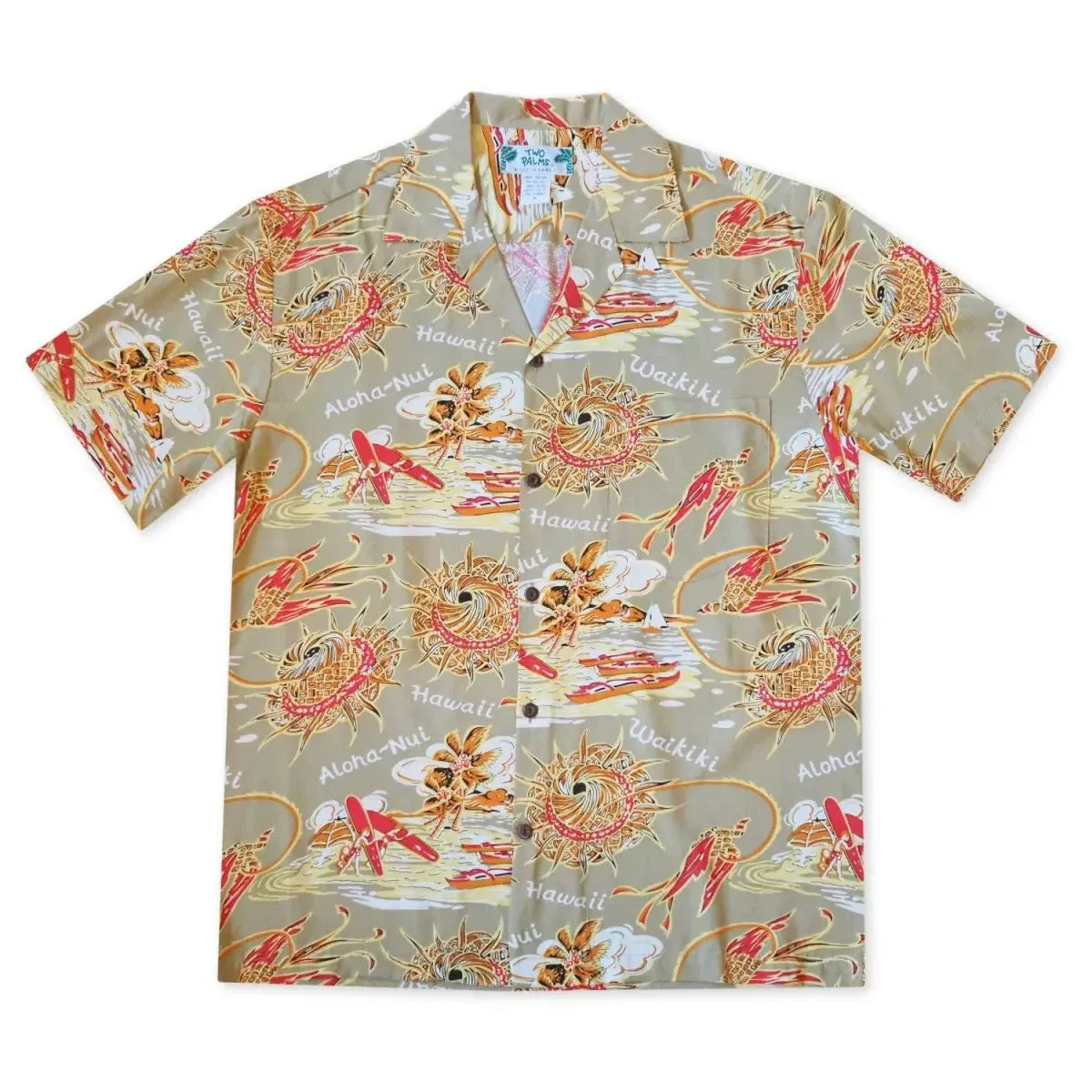 Waikiki wanderer tan hawaiian rayon shirt - alohaz