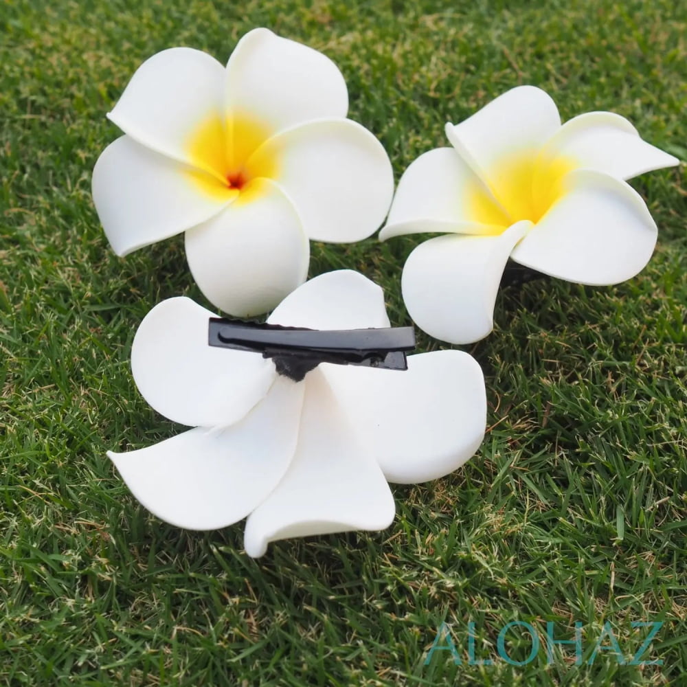 White lucky plumeria hawaiian flower hair clip
