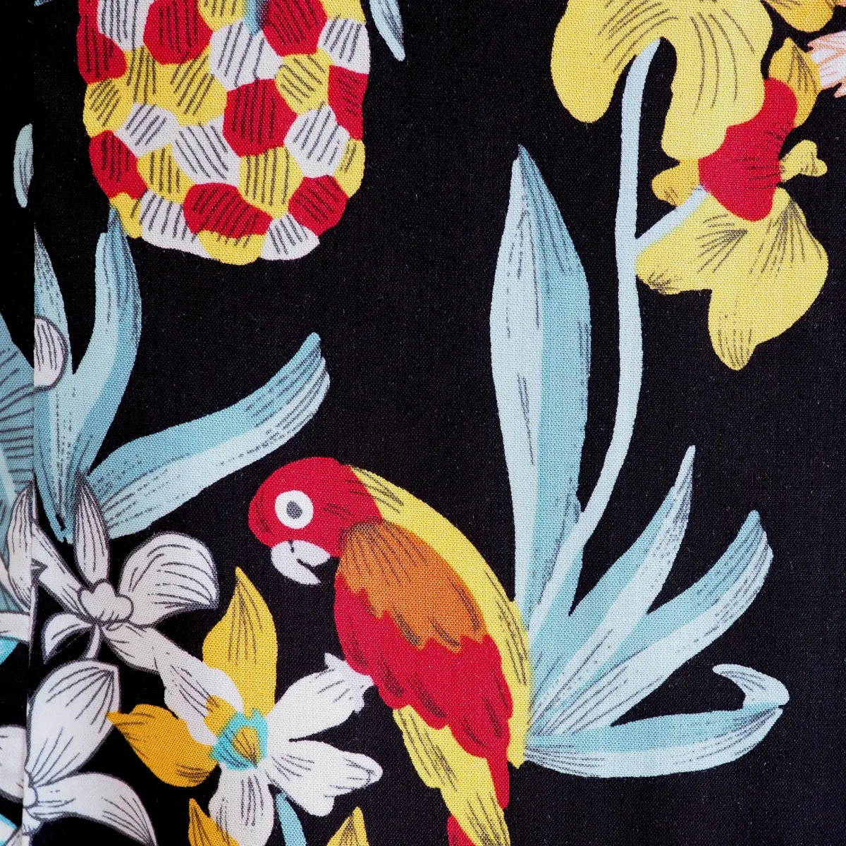 Wild parrots black hawaiian rayon fabric