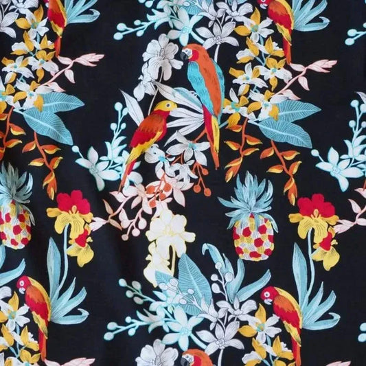 Wild parrots black hawaiian rayon fabric - alohaz
