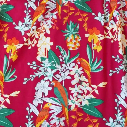Wild parrots red hawaiian rayon fabric - alohaz