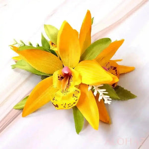 Yellow orchid burst hawaiian flower hair clip