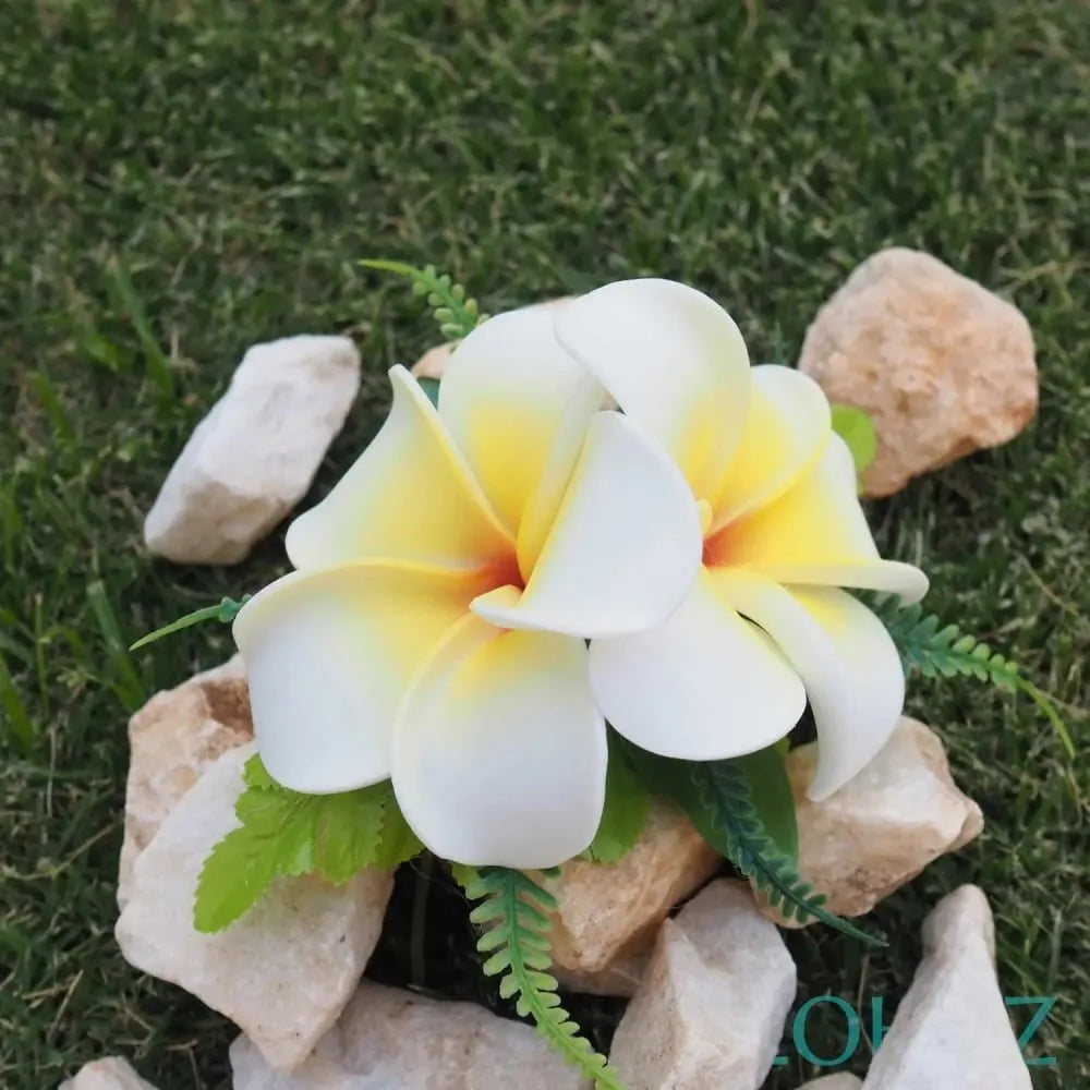Yellow plumeria double joy hawaiian flower hair clip