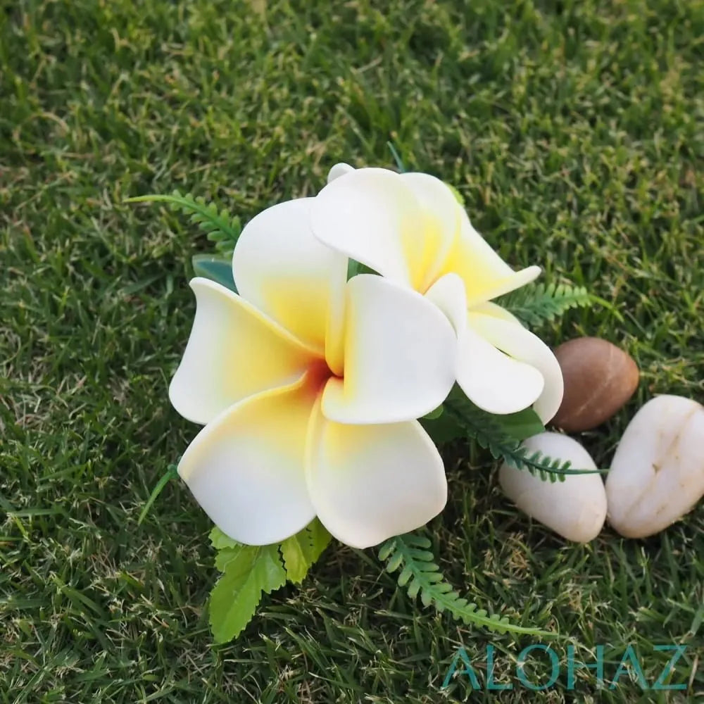 Yellow plumeria double joy hawaiian flower hair clip