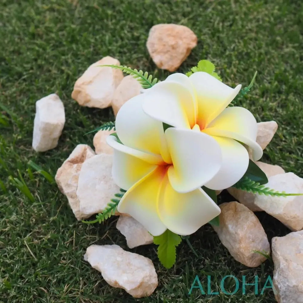 Yellow plumeria double joy hawaiian flower hair clip